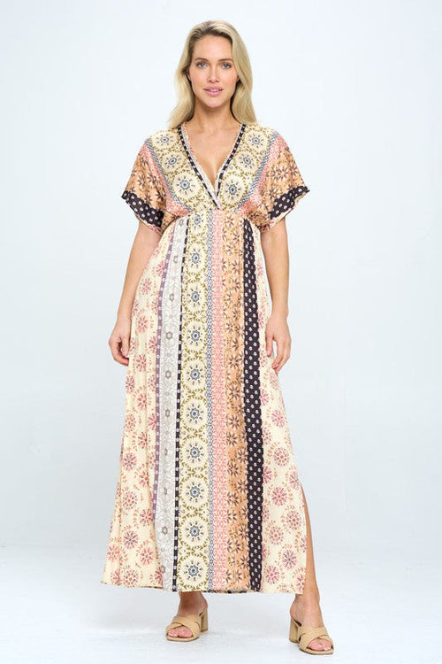 Boho Print Kimono Maxi Dress with Side Slit