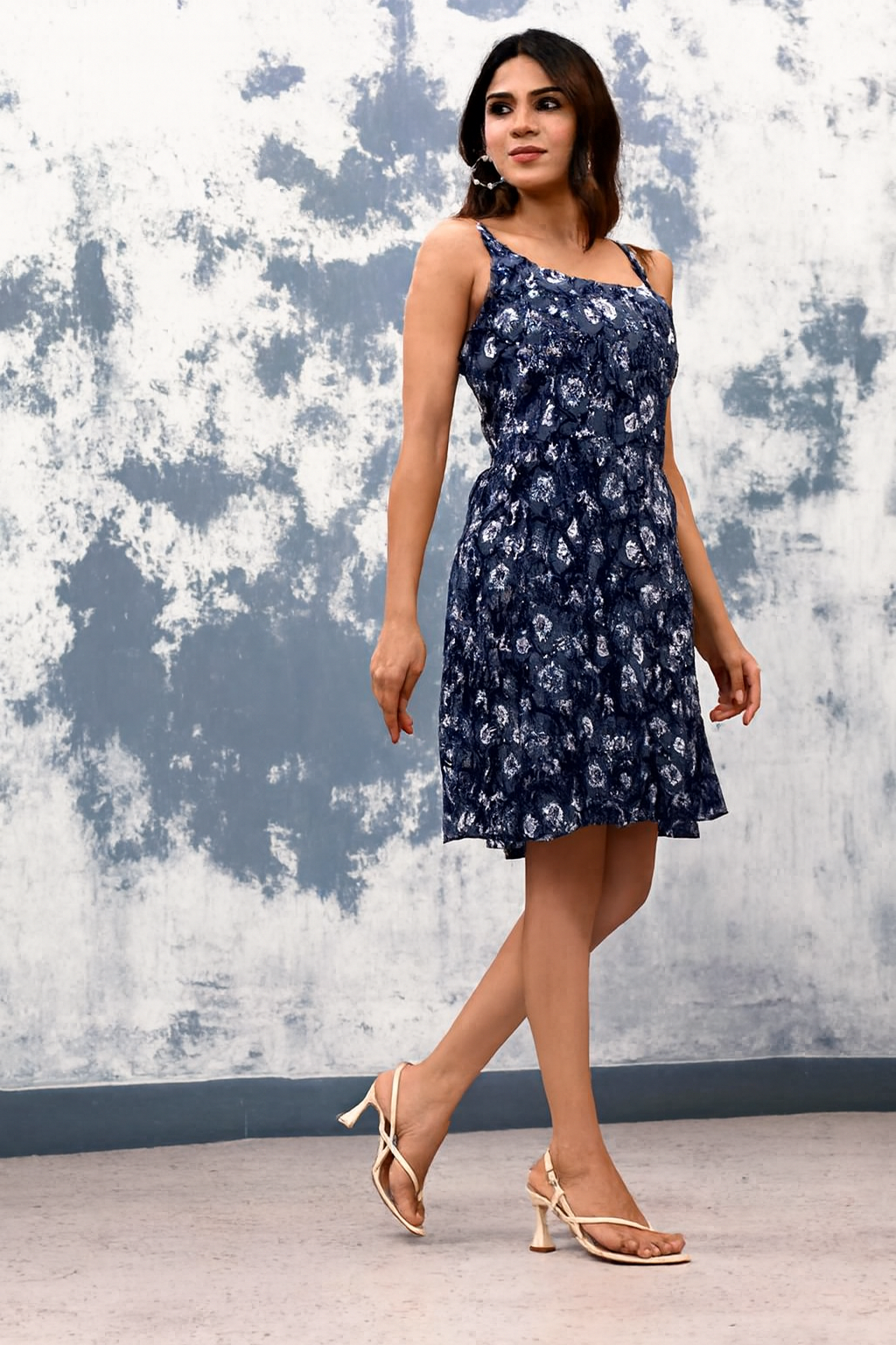 Floral Pleated Maxi Dress Navy Blue (L)